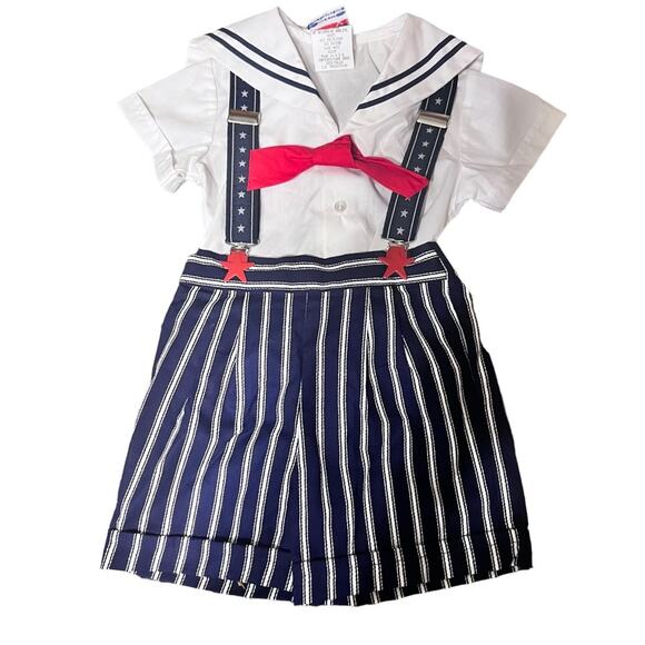Vtg Baby Sailor Americana 4th of July Striped Overall Shorts Shirt Set Deadstock - Picture 1 of 8